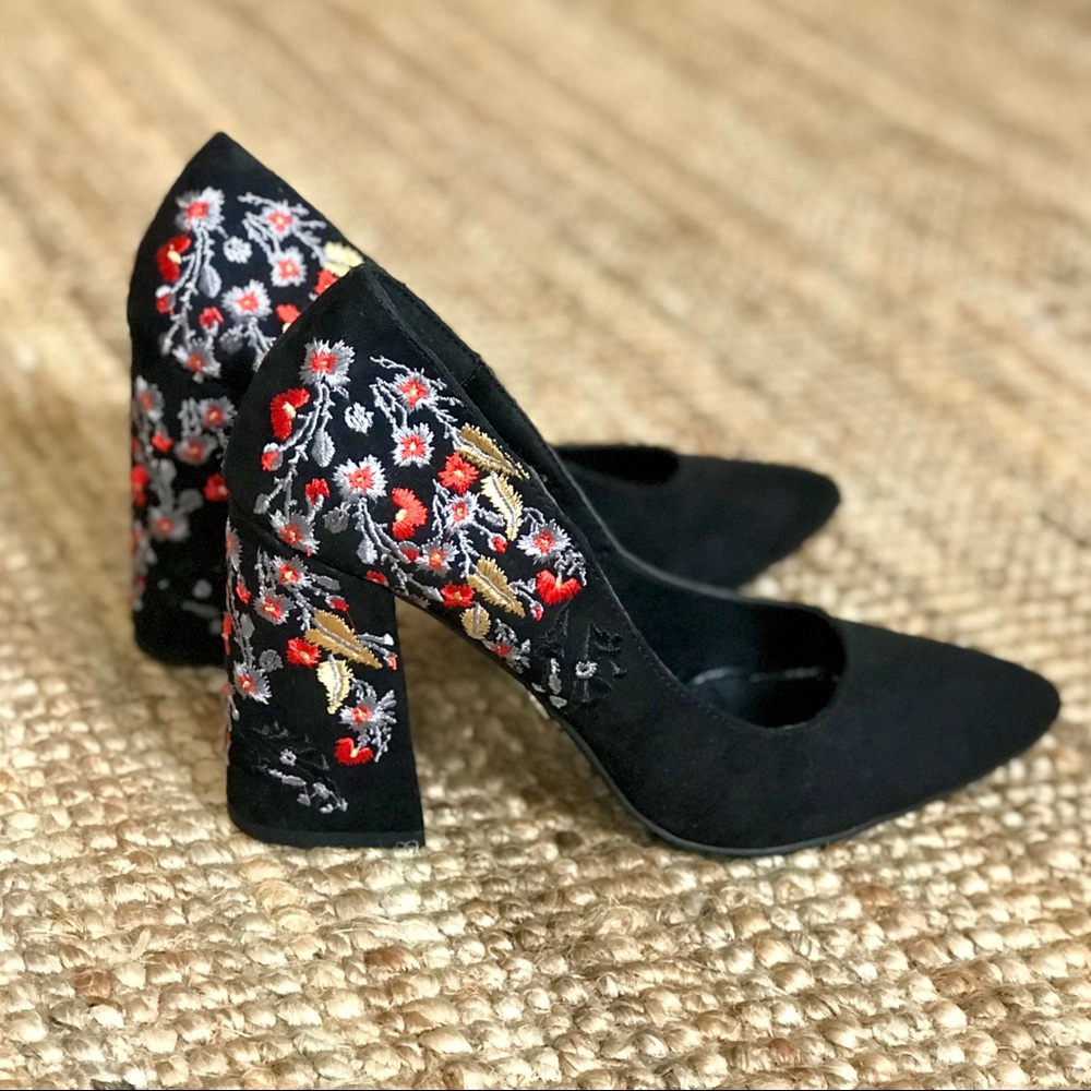 Floral Embroidered Block Heel